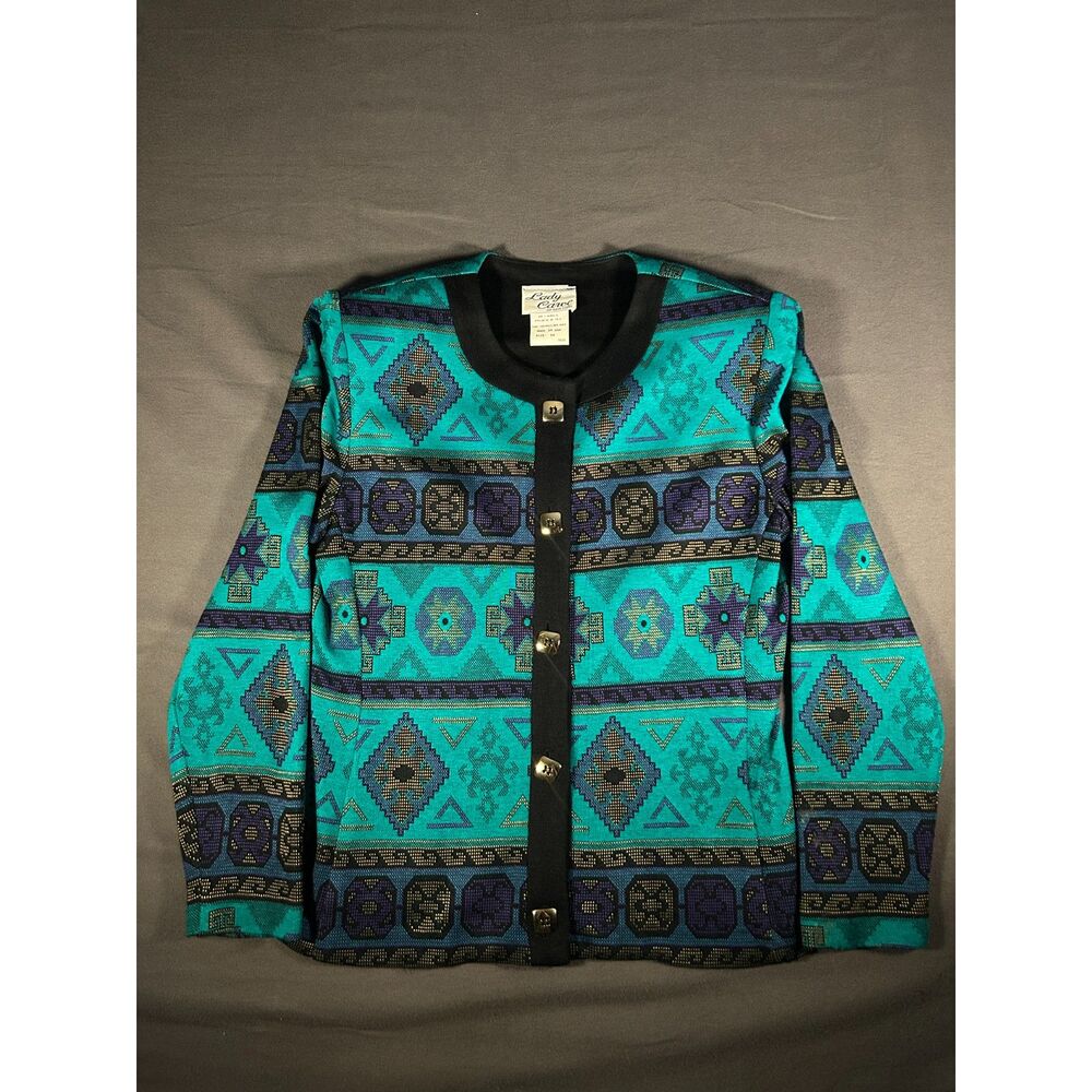 Vtg 80s 90s Southwestern Aztec Cardigan Jacket Lady Carol USA Teal Purple 12